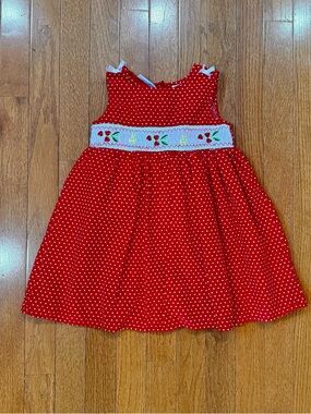 Vintage Girls 2T Toddler BT Kids Smocked Dress Polka Dot Strawberry Embroidered